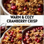 Golden brown Apple Cranberry Crisp topped with oats and fresh cranberries in a rustic baking dish.